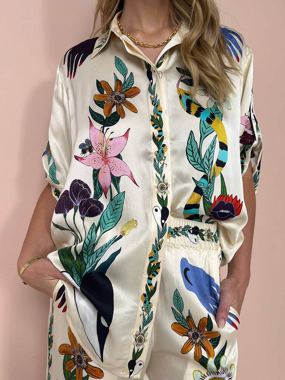 Blouse Oversize à Imprimé Unique avec Pantalon à Boutons