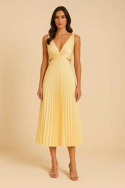 Robe Mi-Longue Plissée Sans Manches à Découpes – Pour Été & Soirées