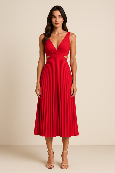 Robe Mi-Longue Plissée Sans Manches à Découpes – Pour Été & Soirées