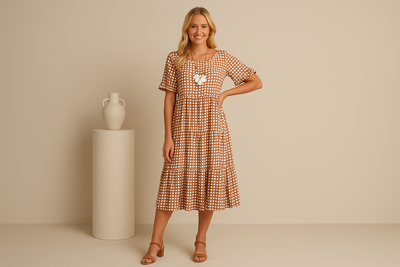 Robe Midi à Carreaux – Style Décontracté avec Fleurs Appliquées