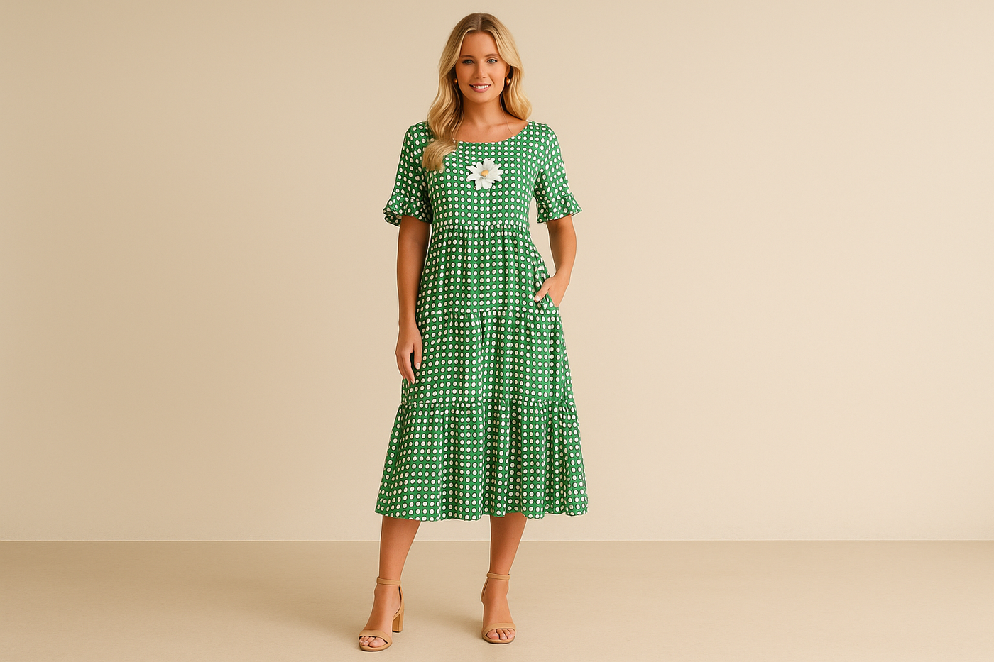 Robe Midi à Carreaux – Style Décontracté avec Fleurs Appliquées