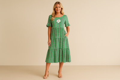 Robe Midi à Carreaux – Style Décontracté avec Fleurs Appliquées