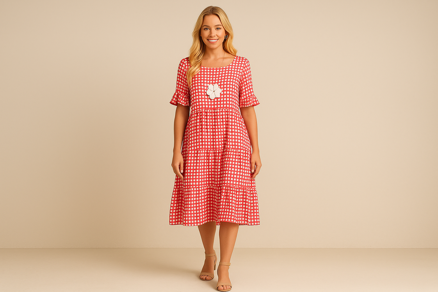 Robe Midi à Carreaux – Style Décontracté avec Fleurs Appliquées