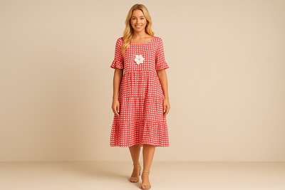 Robe Midi à Carreaux – Style Décontracté avec Fleurs Appliquées