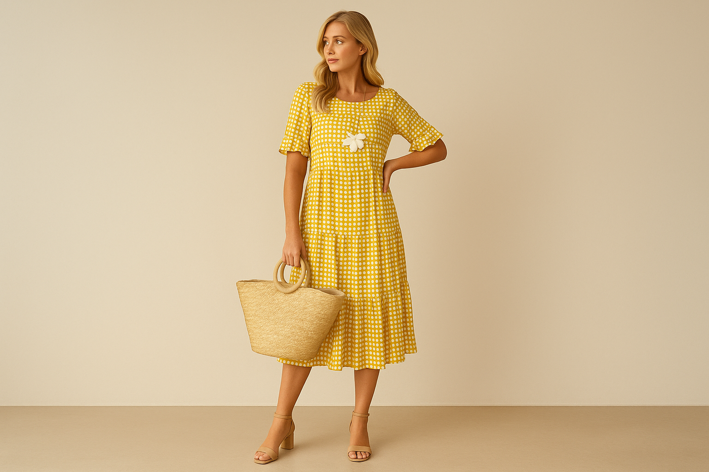 Robe Midi à Carreaux – Style Décontracté avec Fleurs Appliquées