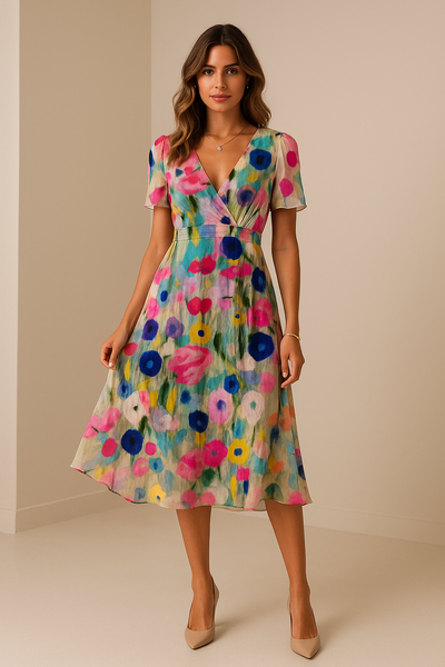 Robe d’Été Midi Fleurie – Encolure en V & Style Décontracté