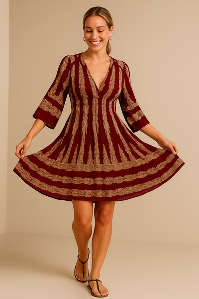 Robe Courte Bohème à Col V – Taille Élastique & Manches Évasées