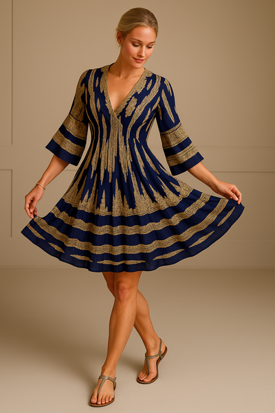 Robe Courte Bohème à Col V – Taille Élastique & Manches Évasées