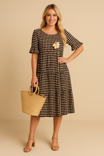 Robe Midi à Carreaux – Style Décontracté avec Fleurs Appliquées