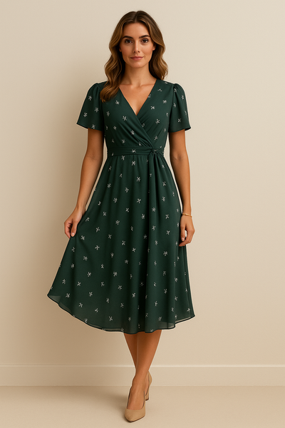 Robe d’Été Midi Fleurie – Encolure en V & Style Décontracté