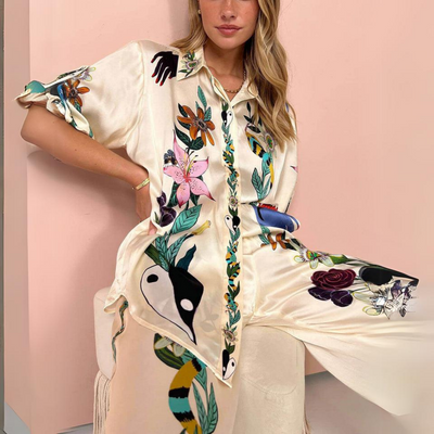Blouse Oversize à Imprimé Unique avec Pantalon à Boutons