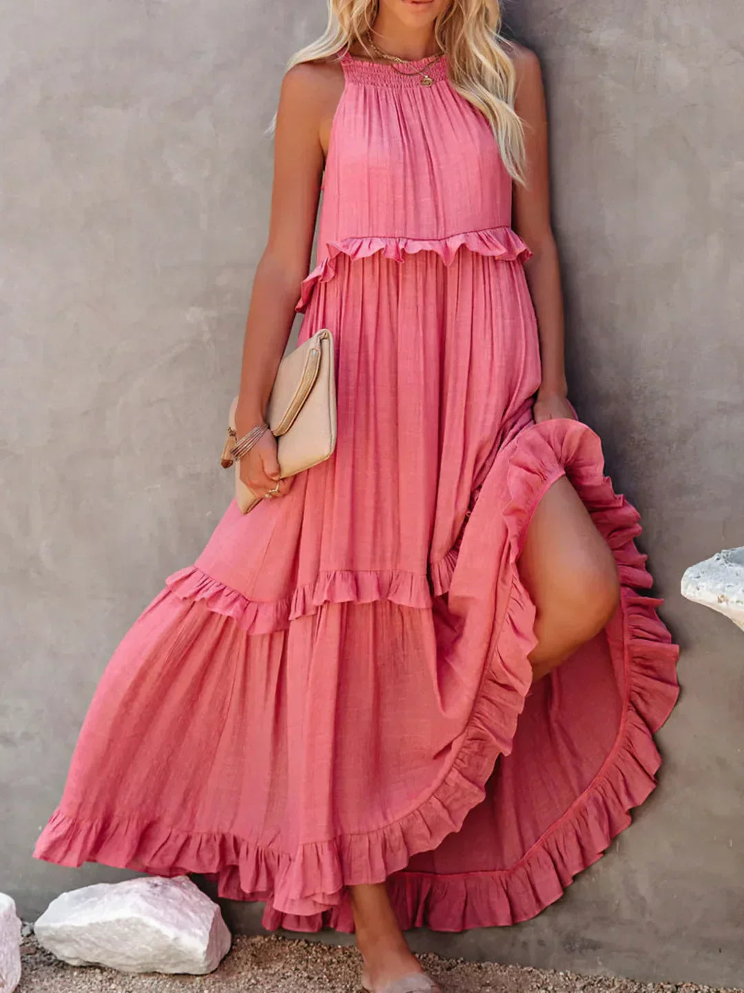 Robe Maxi Halter à Volants Sunshine