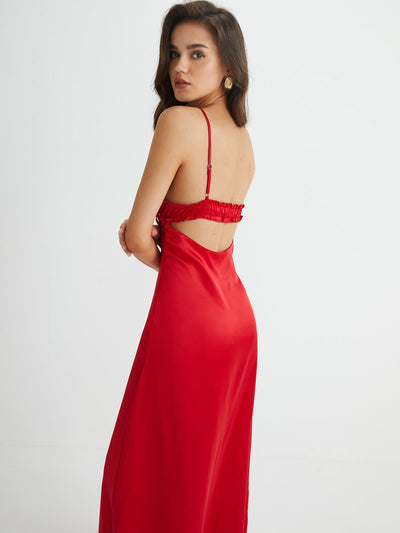 Robe Longue Satinée à Fines Bretelles