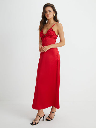 Robe Longue Satinée à Fines Bretelles