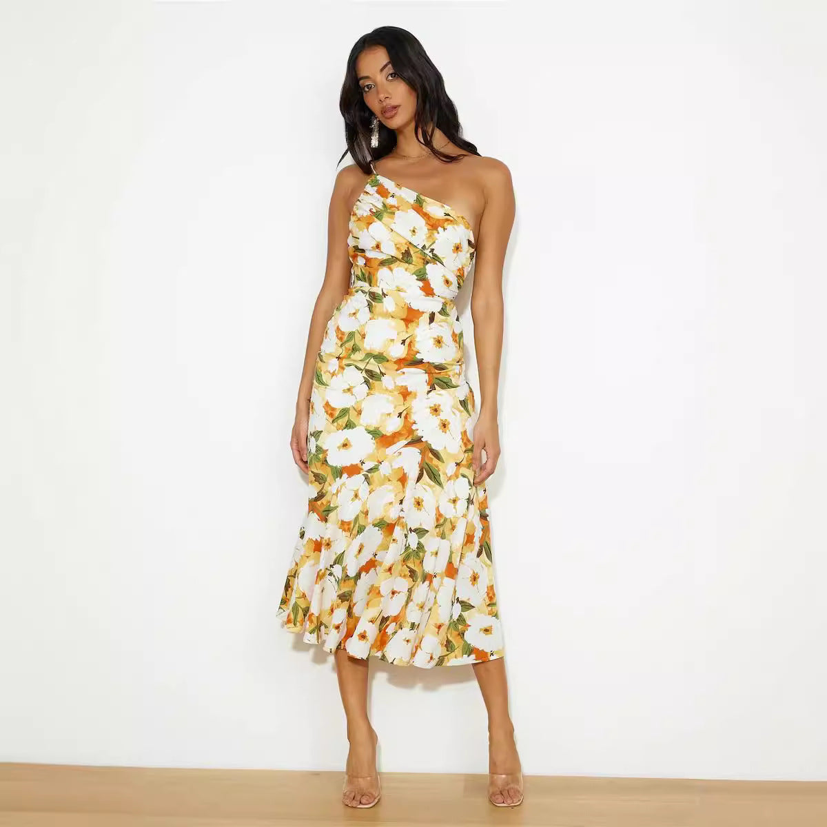 Robe Fleurie Asymétrique – Robe Midi À Une Épaule