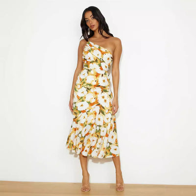 Robe Fleurie Asymétrique – Robe Midi À Une Épaule
