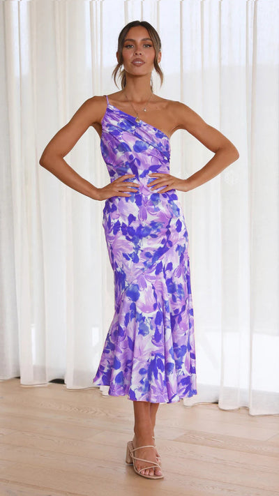 Robe Fleurie Asymétrique – Robe Midi À Une Épaule