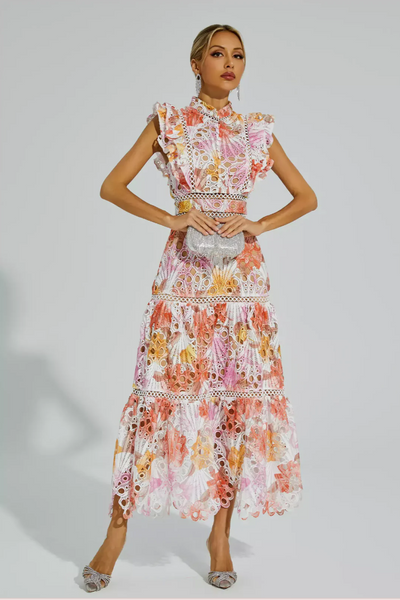 Robe Longue Brodée Sans Manches – Dentelle Florale Multicolore & Volants