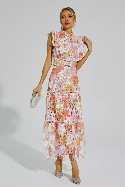 Robe Longue Brodée Sans Manches – Dentelle Florale Multicolore & Volants