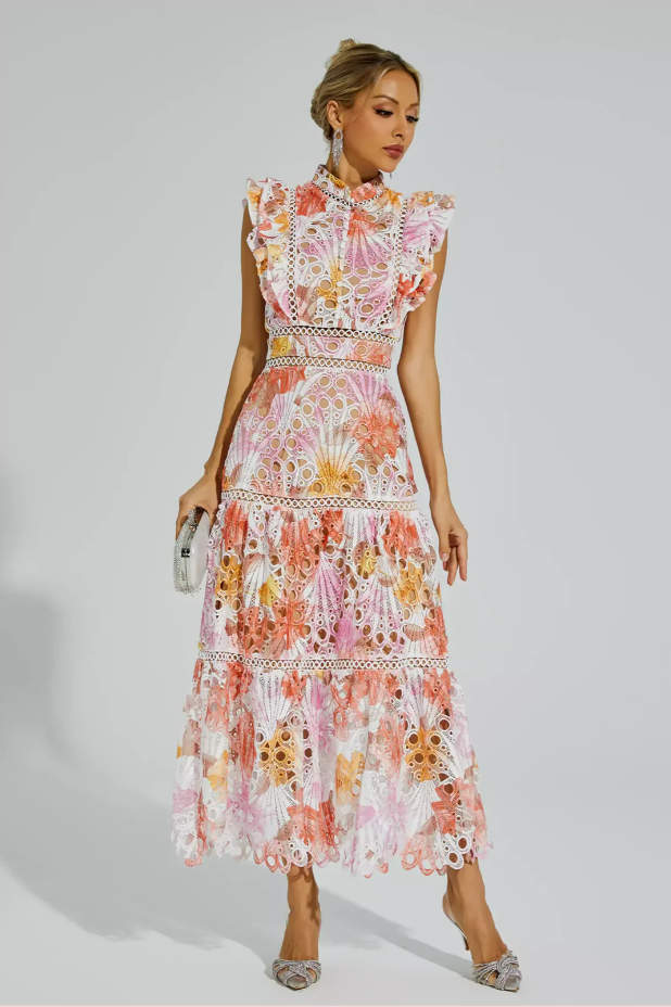 Robe Longue Brodée Sans Manches – Dentelle Florale Multicolore & Volants