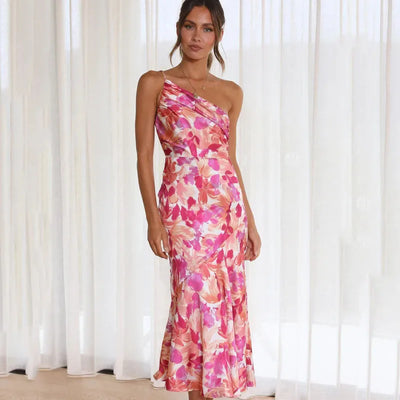 Robe Fleurie Asymétrique – Robe Midi À Une Épaule