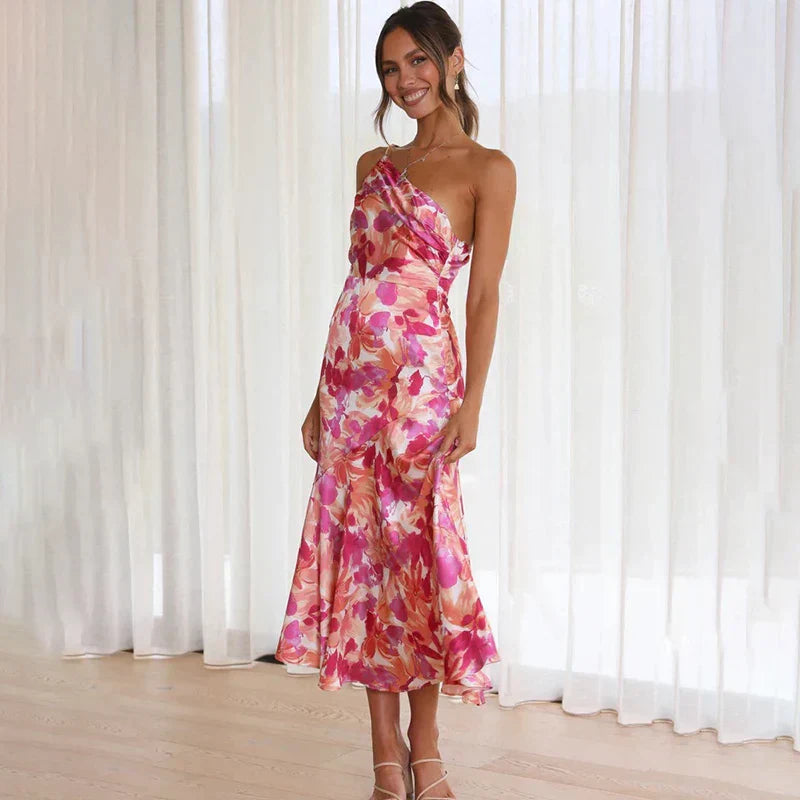 Robe Fleurie Asymétrique – Robe Midi À Une Épaule