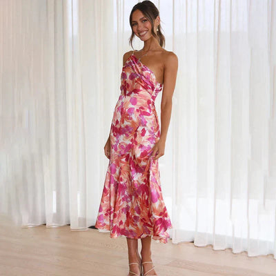 Robe Fleurie Asymétrique – Robe Midi À Une Épaule
