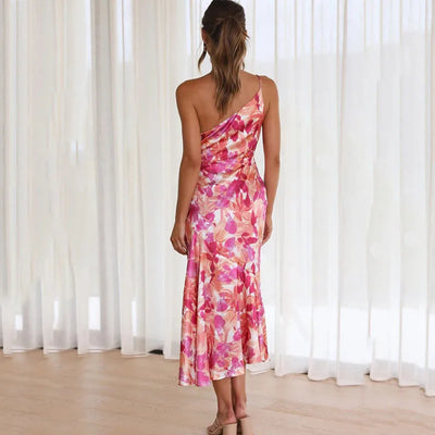 Robe Fleurie Asymétrique – Robe Midi À Une Épaule