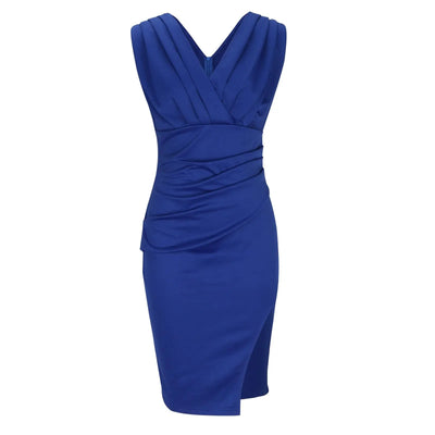 Robe Crayon Sans Manches – Décolleté Plissé & Fente Élégante