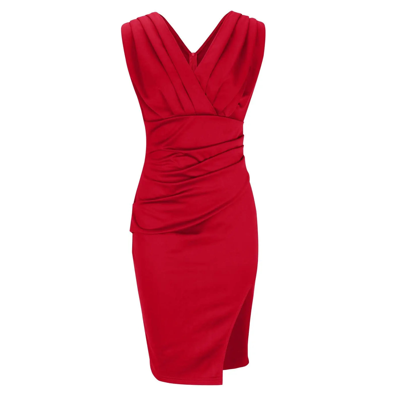 Robe Crayon Sans Manches – Décolleté Plissé & Fente Élégante
