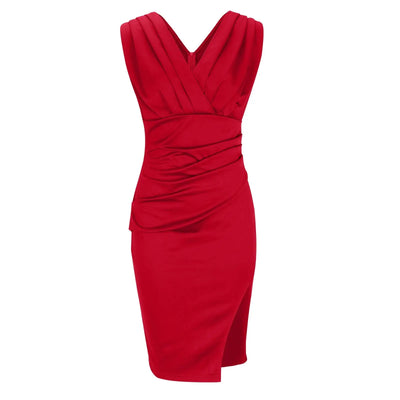 Robe Crayon Sans Manches – Décolleté Plissé & Fente Élégante