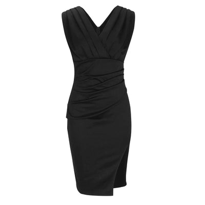 Robe Crayon Sans Manches – Décolleté Plissé & Fente Élégante