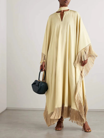 Caftan long jaune femme avec franges et col en V