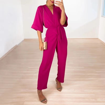 Combinaison fuchsia chic avec jambes droites et taille haute
