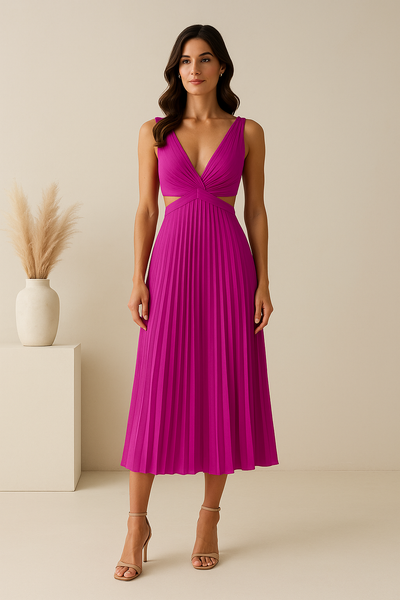 Robe Mi-Longue Plissée Sans Manches à Découpes – Pour Été & Soirées