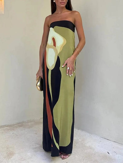 Robe longue sans bretelles femme avec imprimé floral graphique